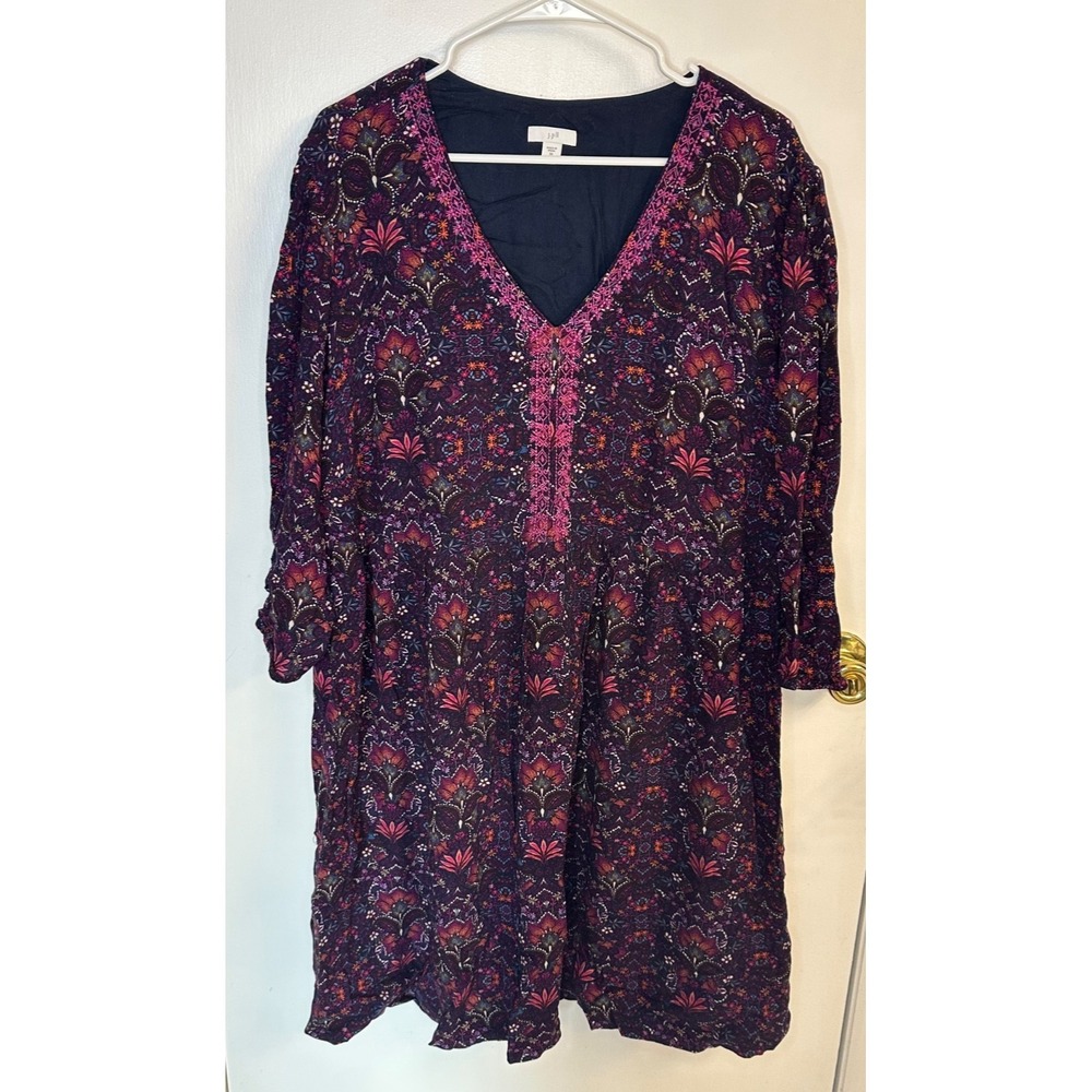 J. Jill 2X Navy Plum Floral Dress Midi V-Neck‎ Peasant Dress Embroidered Trim